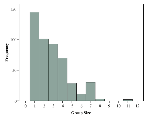 Guanaco group sizes (including offspring) observed in the study population (n=484).