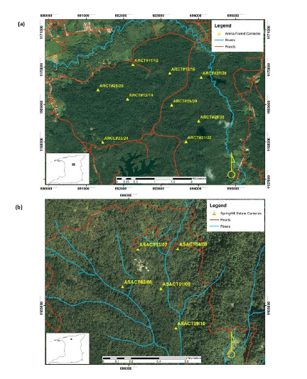 Map showing the location of the study region in (a) Arena Forest Reserve and (b) Spring Hill Estate, Trinidad.