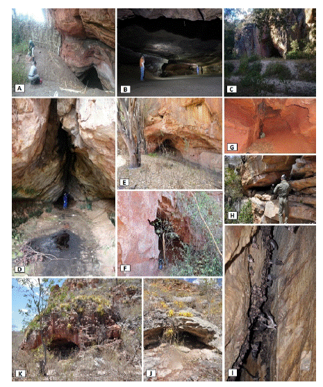 Furna do Gato, Bu�que, B - Caverna Meu Rei (Bat cave), Tupanatinga, C - Furna do Morcego (Bat cave), D - Furna de Man� Bento (em detalhe dep�sito de fezes de Desmodus rotundus), Bu�que, E - Caverna Tr�s Juazeiros, Ibimirim, F e G - Caverna Vermelha, Bu�que, H - Caverna do Uilson, Ibimirim, I - col�nia de Anoura geoffroyi na Caverna do Uilson, J - Caverna Boca de Peixe, Ibimirim e K - Caverna da Juriti, Ibimirim.
