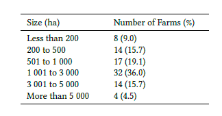 Size of the surveyed sheep farms in Uruguay (n = 89).