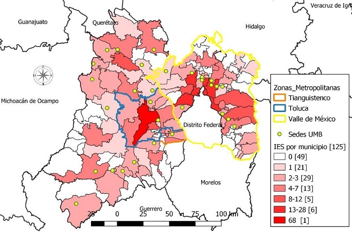 Ubicación de los campi de la UMB en relación con la oferta de ES de los municipios