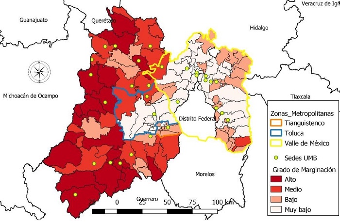 Ubicación de los campi de la UMB en relación con el grado de marginación de los municipios.