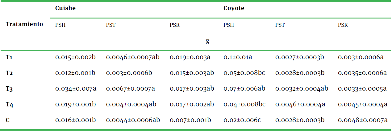 Efecto de coinóculos
bacterianos solubilizadores de fosfato en el peso seco de hoja (psh),
peso seco de tallo (pst) y peso
seco de raíz (psr) en plántulas
de agave cuishe y coyote