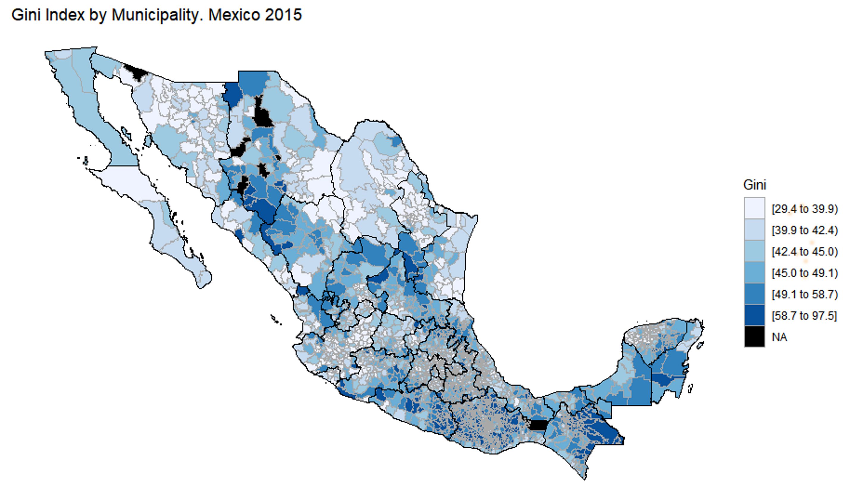 Municipal Gini index for Mexico, 2015