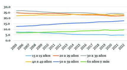 Participaci�n de la poblaci�n ocupada en el sector servicios de acuerdo con grupos de edad, 2005-2022 (promedio anual en porcentaje)
