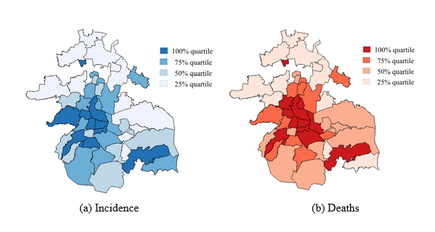 COVID-19 incidence and death rates classified in quartiles