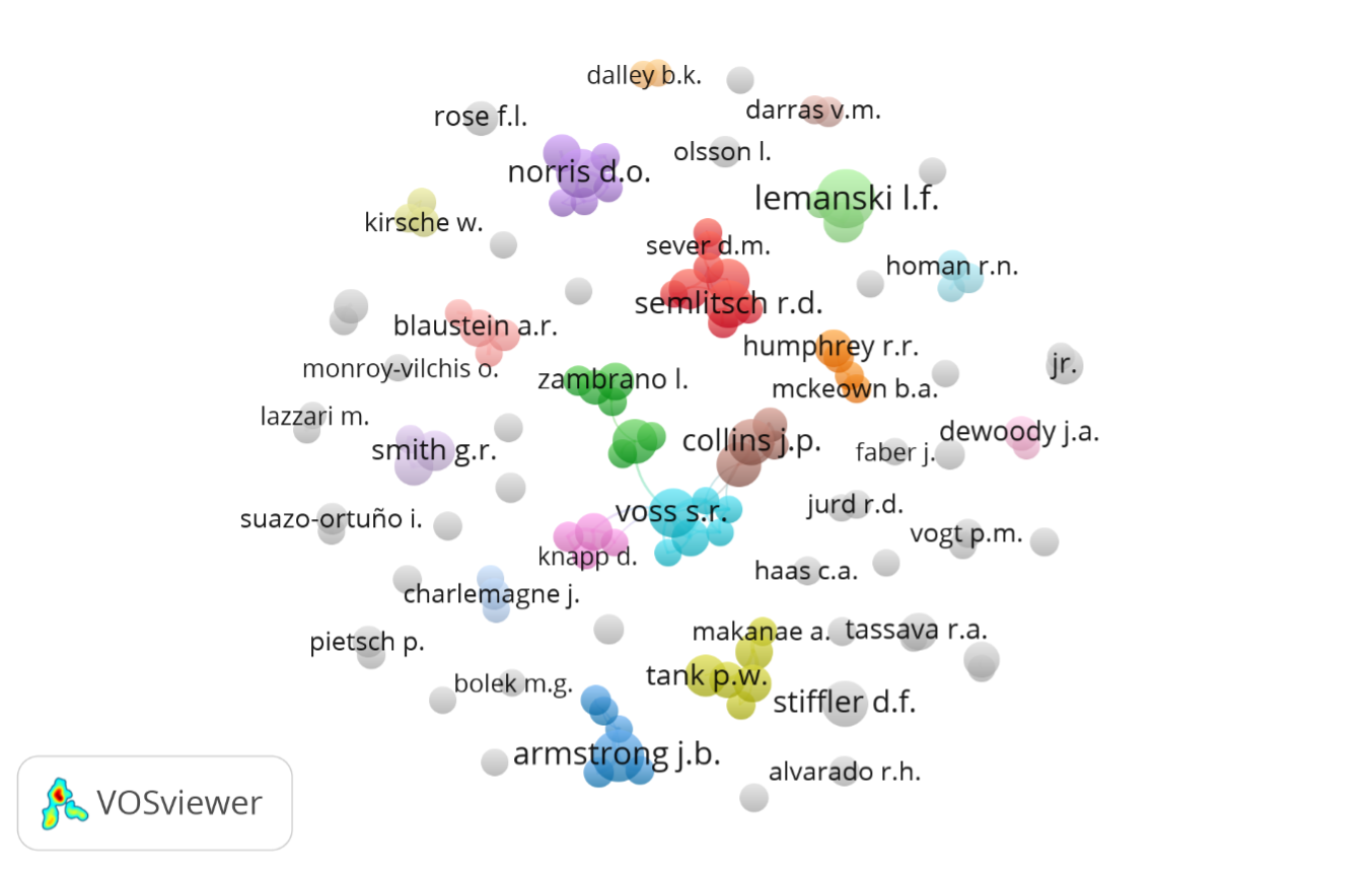 Co-authorship network visualization map for publications on the genus Ambystoma