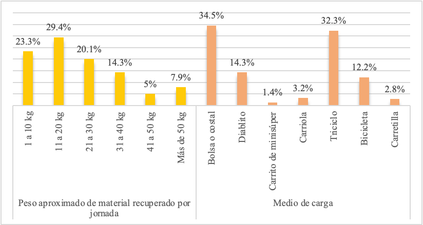 Peso del material recuperado y medio de carga usado en la pepena