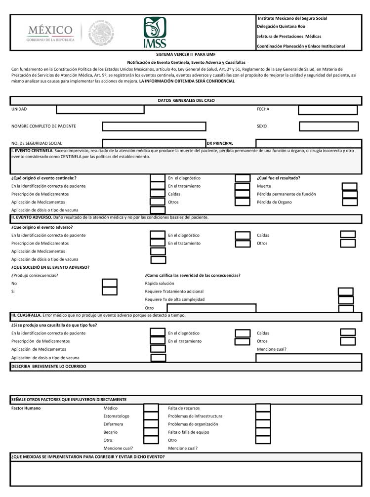 Formato del instrumento VENCER-MF del Instituto Mexicano del Seguro Social