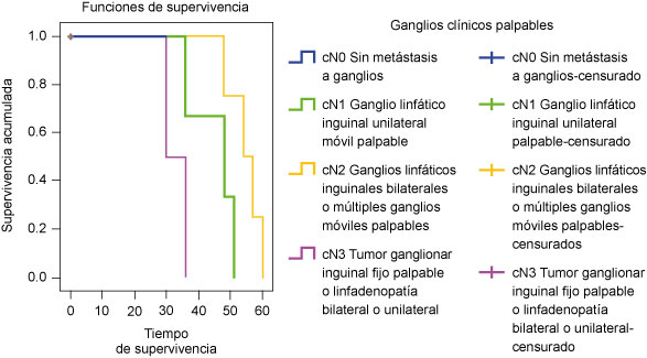 Supervivencia a 60 meses de pacientes con cáncer de pene de acuerdo con los ganglios linfáticos palpables