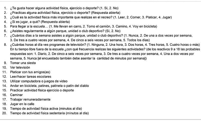 Preguntas incluidas en el instrumento utilizado para evaluar la actividad física (entre paréntesis se incluyen las probables respuestas)