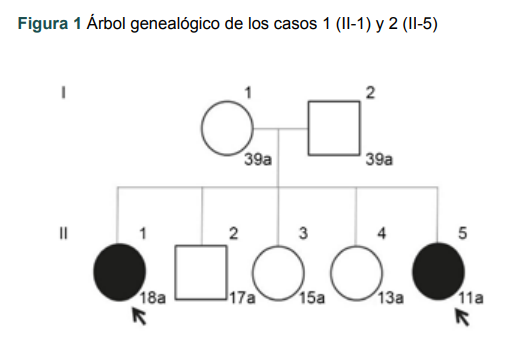 Árbol genealógico de los casos 1 (II-1) y 2 (II-5)