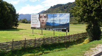 Publicidad de grupos ambientalistas, en el que se aprecia en un primer plano el rostro de una mujer herida por agresión, con tendido eléctrico de alta tensión a sus espaldas y atrás los montes nevados. Se interroga: ¿qué salvaje haría esto?, en alusión a la potencial destrucción ambiental.