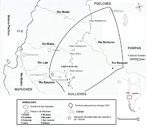 Se muestran los pasos transcordilleranos ubicados en territorio pehuenche en el XVIII, los principales asentamientos espa&ntilde;oles e ind&iacute;genas, la ubicaci&oacute;n de las salinas orientales y el emplazamiento del parlamento de Lonquilmo de 1783-84 en &aacute;mbito pehuenche
