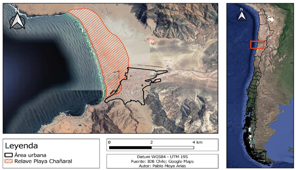 Ubicaci�n de la ciudad de Cha�aral y relave abandonado en la costa del lugar.