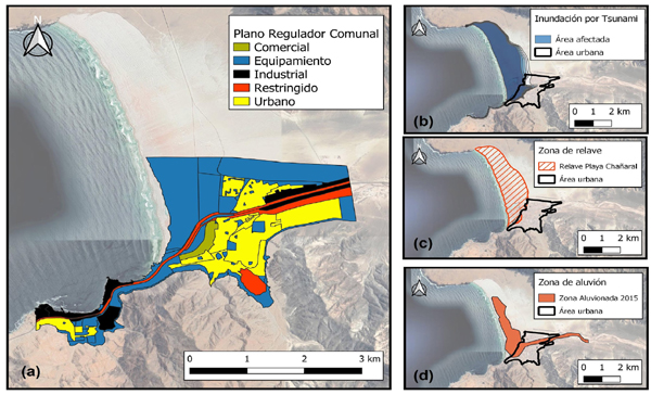 Panel de im�genes con (a) Plan Regulador Comunal de Cha�aral, (b) �rea potencial de inundaci�n por Tsunami, (c) �rea del relave y (d) �rea aluvionada en 2015.