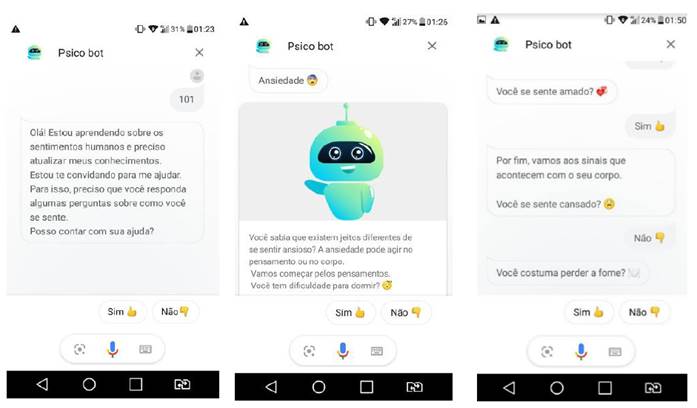 User interaction screens (in Portuguese)