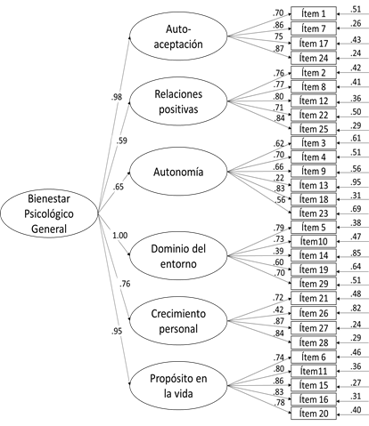 Resumen del modelo 2 de seis factores de primer orden y un factor general de segundo orden para la Escala de Bienestar Psicolgico de Ryff (1989)