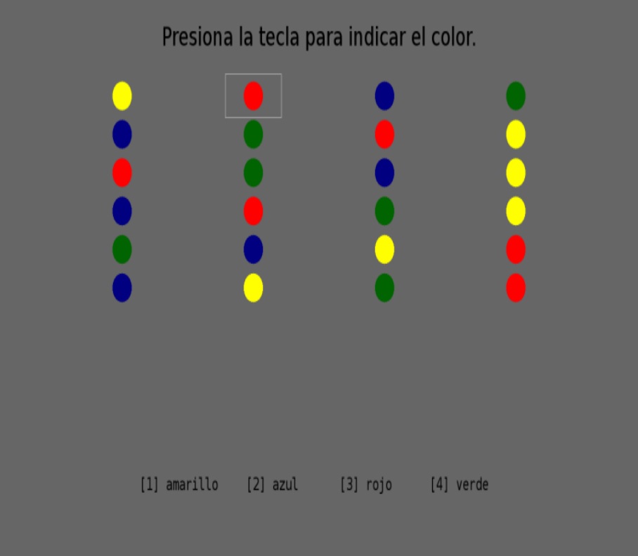 Captura de pantalla de la primera fase del experimento Stroop Victoria.
El participante debe seleccionar la opción que indique el color de cada círculo