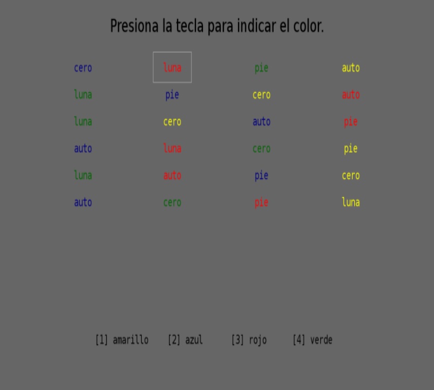 Captura de pantalla de la segunda fase del experimento Stroop Victoria.
En ésta el participante debe seleccionar el color de la palabra