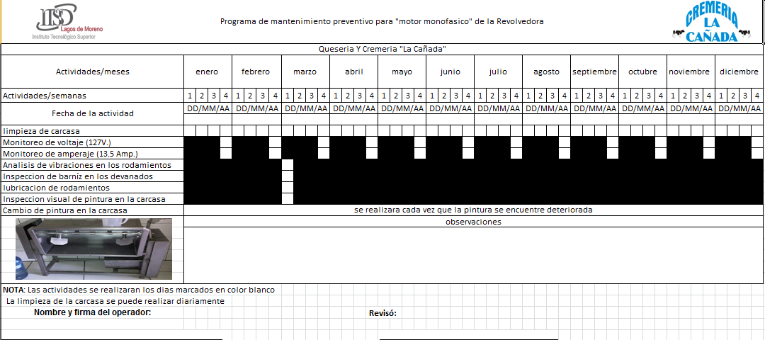 Hoja para el
seguimiento de mantenimiento preventivo del motor monof&aacute;sico de la revolvedora,
en una de las empresas 