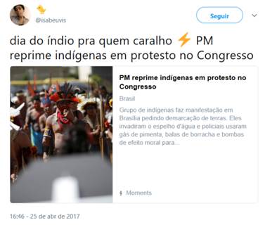 Postagem de @isabeuvis em Twitter