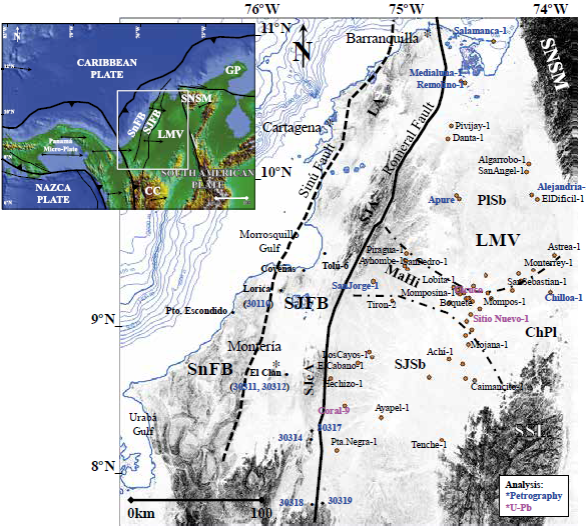Location map of exploratory wells that drilled basement (Cerón et al., 2007). Also includes the analyses developed in some of the wells and the location of two SJFB outcrops sampled in this study. SnFB: Sinú Fold Belt; SJFB: San Jacinto Fold Belt; SJeA: San Jerónimo Anticline; SJA: San Jacinto Anticline; LA: Luruaco Anticline; LMV: Lower Magdalena Valley; SJsB: San Jorge sub-Basin; PIsB: Plato sub-Basin; MaHi: Magangué High; ChPI: Chimichagua Platform; SNSM: Sierra Nevada de Santa Marta; SLR: San Lucas Range; GP: Guajira Peninsula.
