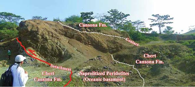Outcrop of imbricated sheet of saprolite and chert of the Cansona Fm. (Late Cretaceous), in the Lorica area (San Carlos quarry). The saprolite presents a greenish gray appearance, little cohesive and spheroidal aspect disjunctions related to supergene alteration processes.