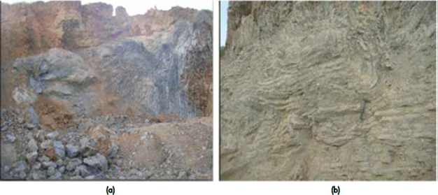 General aspect of sedimentary rocks in the Cansona Formation, outcropping in the Loma Grande Quarry area, where a reddish earthy belt of material is observed (A), considered as a lateritized peridotite. The Cansona Formation rocks are locally refolded (B)