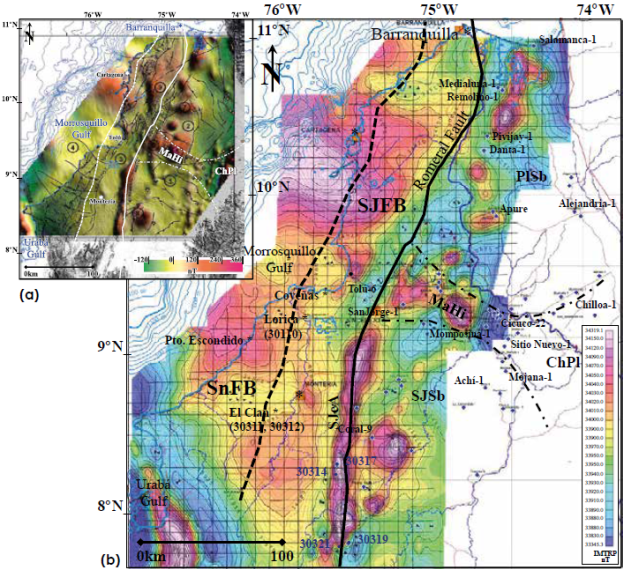IMTRP magnetic anomalies map (magnetic reduced-to-pole) in the versions of a) Graterol (2006)/ and b) Mantilla-Pimiento (2007); with the location of wells and analyzed outcrops (Table 1). SnFB: Sinú Fold Belt; SJFB: San Jacinto Fold Belt; SJeA: San Jerónimo Anticline; SJA: San Jacinto Anticline; LA: Luruaco Anticline; LMV: Lower Magdalena Valley; SJsB: San Jorge sub-Basin; PIsB: Plato sub-Basin; MaHi: Magangué High; ChPl: Chimichagua Platform; SNSM: Sierra Nevada de Santa Marta; SLR: San Lucas Range; GP: Guajira Peninsula.