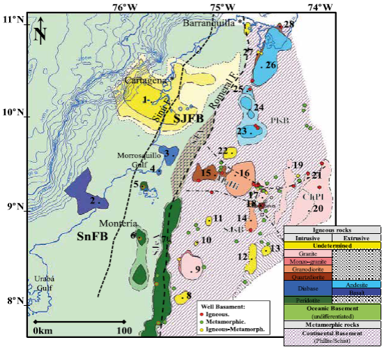 Map of basement lithological occurrences defined from the correlation of well composition data, outcrops and magnetic anomalies (listed in Table 2). SnFB: Sinú Fold Belt; SJFB: San Jacinto Fold Belt; SJeA: San Jerónimo Anticline; SJA: San Jacinto Anticline; SJsB: San Jorge sub-Basin; PlsB: Plato sub-Basin; MaHi: Magangué High; ChPl: Chimichagua Platform.