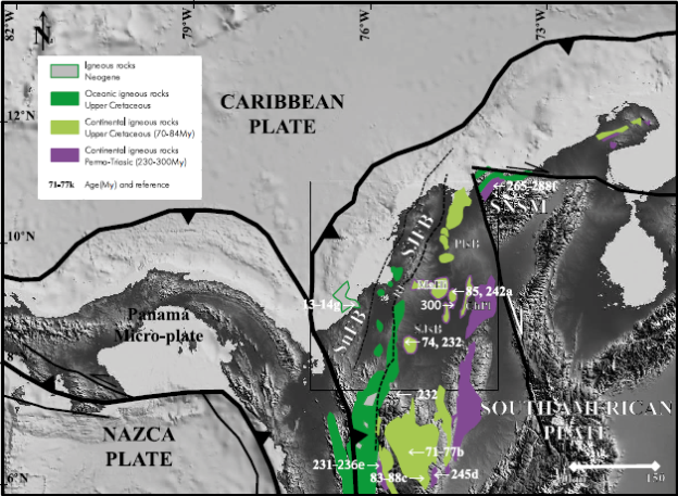 Distribution of the Magangue Magnetic Arc in the LMV to the North and continuity of intrusive bodies of the two magmatic pulses identified in the LMV (Permo-Triassic and Late Cretaceous) (modified from Ayala et al., 2012). Ages from Montes et al. (2010); Restrepo et al. (2007); Ibañez et al. (2007); Ibañez et al. (2008); Rodriguez-Jimenez (2010); Cardona et al., (2010); and Lara et al. (2013). SnFB: Sinú Fold Belt; SJFB: San Jacinto Fold Belt; PlsB: Plato sub-Basin; MaHi: Magangué High; Ch: Chimichagua Platform; SJsB: San Jorge sub-Basin; SNSM: Sierra Nevada de Santa Marta.