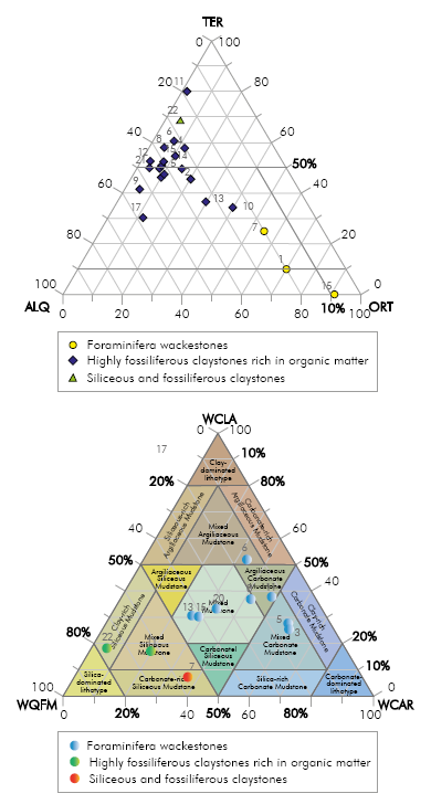 Ternary diagram of the mineralogical compositions of the Galembo Member (La Luna Formation), showing the distribution of the analyzed samples in the Aguablanca section.