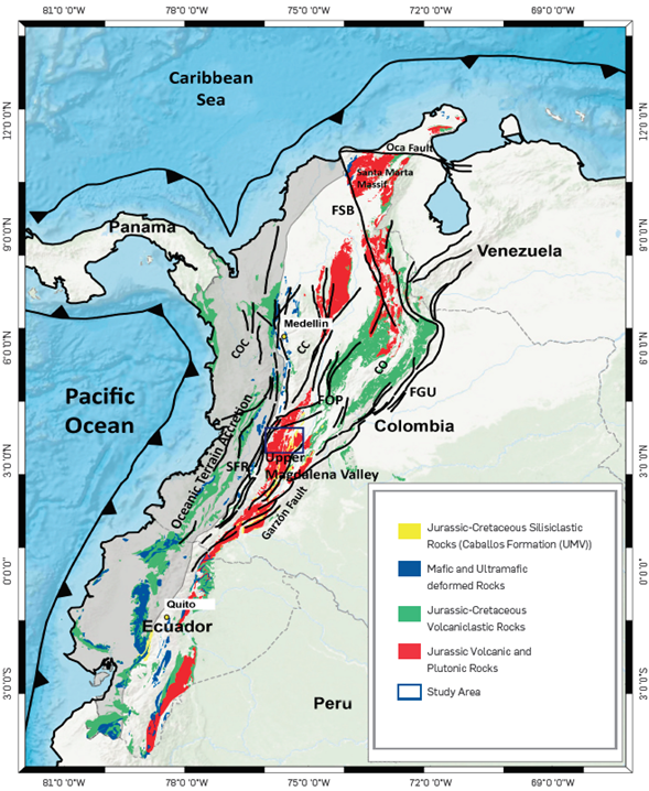 General location of the study area, enclosed in blue box. FSB = Santamarta-Bucaramanga Fault, FGU = Guacaramo Fault, FOP = Otú-Perico Fault, SFR = Romeral Fault System, CO = Eastern Cordillera, CC = Central Cordillera, COC = Western Cordillera. Prepared by us with information compiled [74].