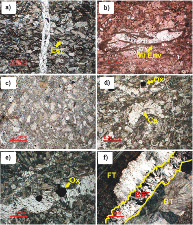 Photomicrographs at 2.5X and 10X, illustrating: (a) The effects of compaction reflected in concavo-convex contacts and styloliths in sample LHR2-01, (b). Fractured micrite covering due to compaction around a bioclaster filled with sparite in sample LHR2-03, (c) Micrite replaced by pseudosparite in sample LHR2-02, (d) and(e) Pseudomorphs of oxides associated with sparite within bioclasts and with calcite crystals in filled fractures, (f) Types of texture developed in fractures (BT: granular aggregate, BET: granular aggregates of elongate crystals, FT: fibrous aggregates).