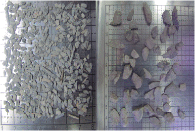 Caving Sizes. Left: the small cavings size from 0.001 to 0.01 m. Right: large cavings size from 0.01 to 0.02 m.