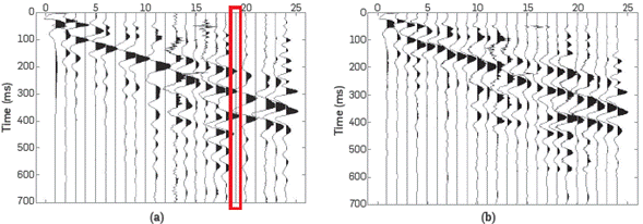 (a) Refraction seismic data with 6 traces removed (b) Data with interpolated traces.