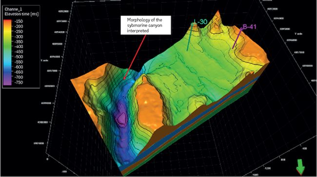 Illustration of the 3D geological model built for the study area. This model is in the time domain and has a vertical exaggeration of 15.