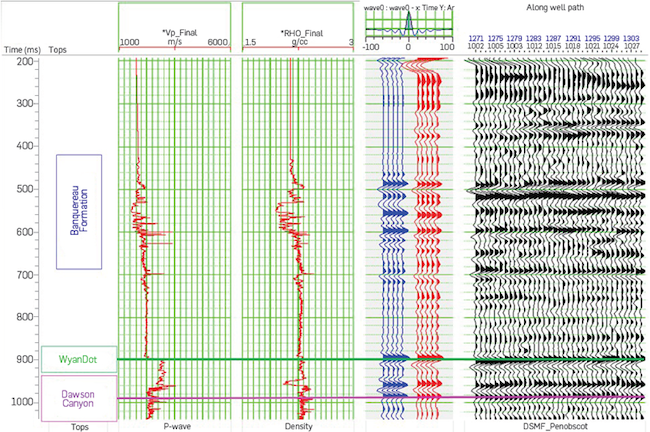 Synthetic seismogram resulting from the seismic-well tie process on one of the correlation wells.