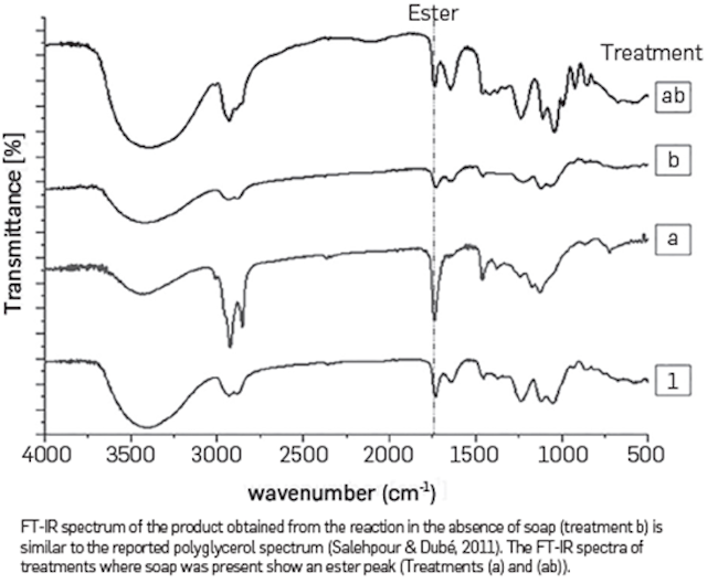 FT-IR spectrum of the four treatments proposed in the 22 factorial design.