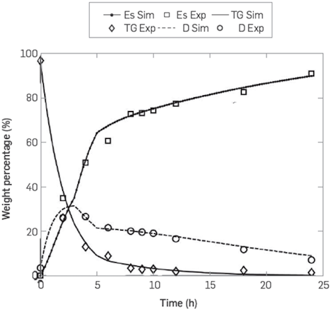 Comparison between the calculated concentrations (lines) and experimental data (symbols) of the species esters (Es), triglycerides (TG), and diglycerides (D) for the enzymatic production of FAME with enzyme in free form