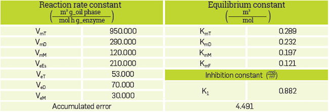 Summary of results for adjustment of model parameters