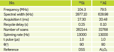 Recording conditions of the solid state MAS-NMR analyses for the different nuclei of the NZ and ASNZ.