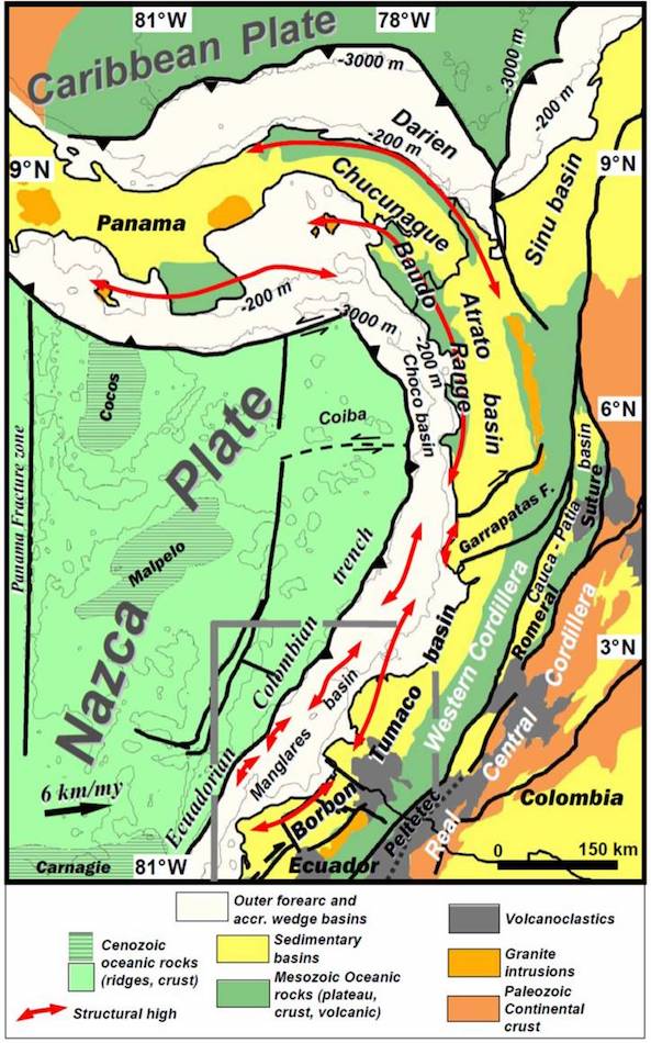 Regional morphostructural units and basins in the northern South America. Thick gray line defines the area of the North Ecuador - South Colombia (NESC) margin. Note the arrangement of the sedimentary basins paired along the forearc zone, like Borbón - Tumaco and Manglares basins, divided by structural highs, and their extension toward the North into the Atrato and Choco basins divided by the Baudó Range.