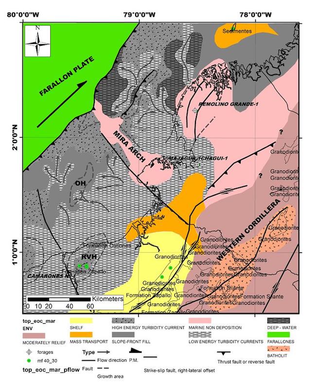 Sedimentary facies and tectonic setting map of the NESC margin of the MU1 sequence (40 - 30 Ma). OH=Ostiones high; RVH=Río Verde high. P.M.: Plate motion vector. mf: Outcrop with biostratigraphic data.