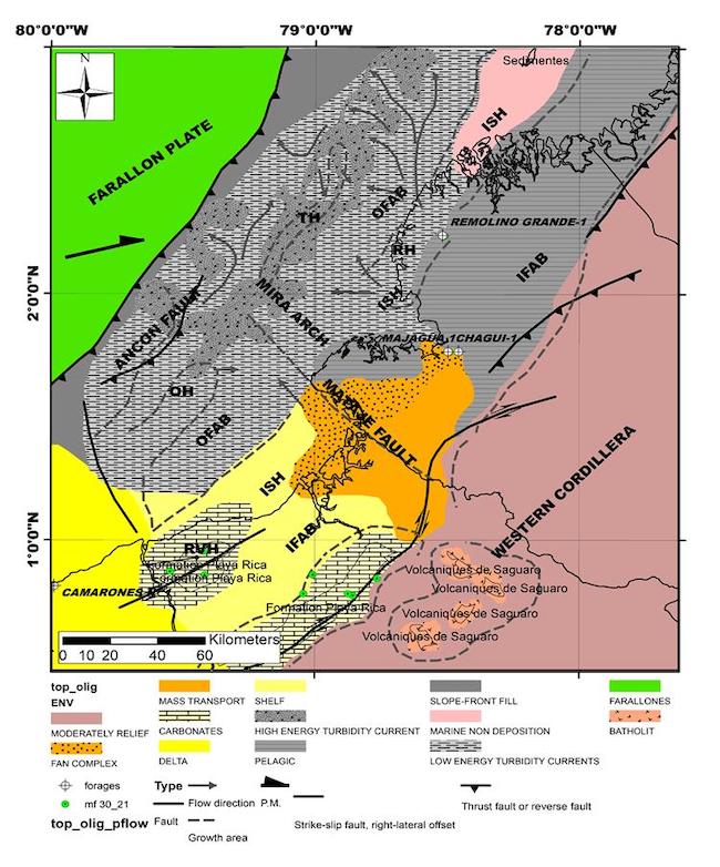 Sedimentary facies and tectonic setting map of the NESC margin of the MU2 - TU1 sequence (30 - 21,5 Ma). Note the formation of the Inner Structural High (ISH), composed of the OH=Ostiones high; GH=Gorgona high; RH= Remolino high, that divide the forearc zone in the Tumaco Inner Forearc Basin (IFAB) and the Manglares Outer Forearc Basin (OFAB). OH= Ostiones high; RVH= Río Verde high; RH=Remolino high; TH=Tumaco high. mf: outcrop with microplaeontologic data. P.M.: Plate motion vector.