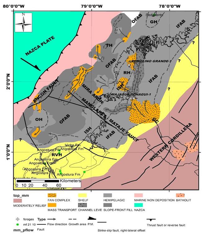 Sedimentary facies and tectonic setting map of the NESC margin of the MU3 - TU2 to 4 sequence (21,5 - 10,5). Note the expression of the ISH, composed of the OH=Ostiones high; GH=Gorgona high; RH= Remolino high, and the IFAB and the OFAB. P.M.: Plate motion vector. mf: outocrop with biostratigraphic data. G.C.: Guiza Canyon.