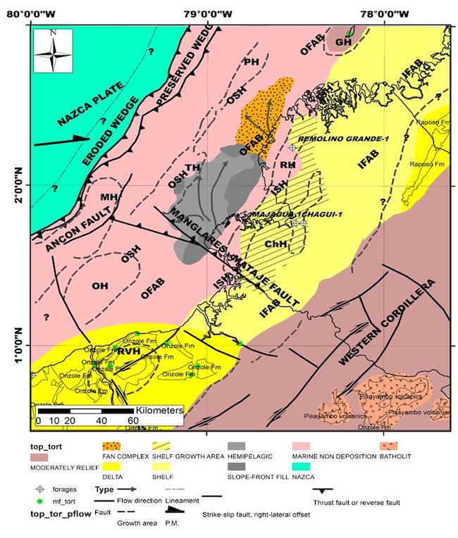 Sedimentary facies and tectonic setting map of the NESC margin of the MU4 - TU5 to 6 sequence (10,5 - 7,5 Ma). During this time, the ISH (composed of the OH=Ostiones high, GH=Gorgona high, RH= Remolino high) it is broadly extended toward the North and divide the forearc zone into the IFAB and OFAB. To the West note de expression of the Outer Structural High (OSH), composed of EH= Esmeraldas high; OH= Ostiones high; MH= Manglares high ; TH= Tumaco high ; PH= Patia high). The Chagüi high (ChH) begin at this time. mf: outocrop with biostratigraphic data.