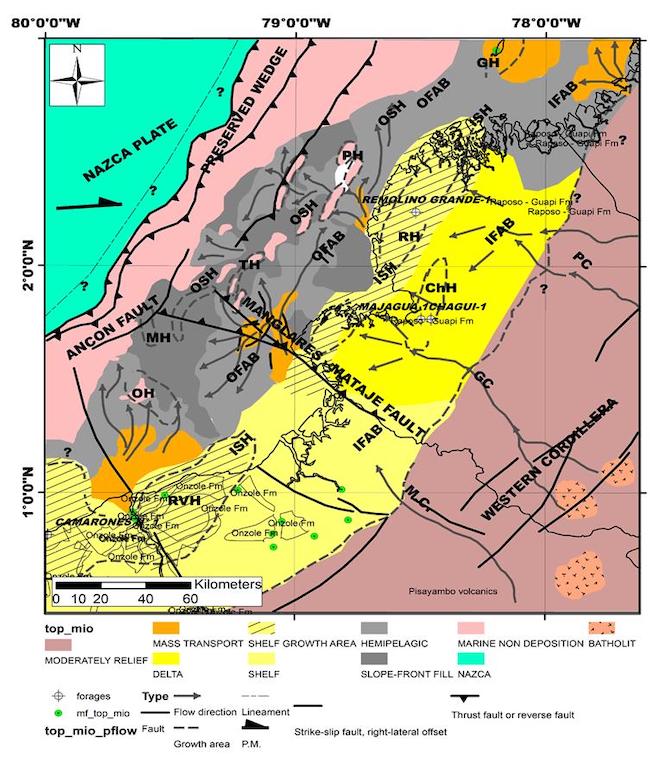 Sedimentary facies and tectonic setting map of the NESC margin of the MU5 - TU7 sequence (7,5 - 5 Ma). Note the final configuration of the IHS (composed of the OH=Ostiones high, GH=Gorgona high, RH= Remolino high), OSH (composed of OH= Ostiones high, MH= Manglares high, TH= Tumaco high, PH= Patia high), and the Chagüi high (ChH) related to diapiric uplift. Mira canyon (M.C.) carried into the Tumaco IFAB and Manglares OFAB huge volumes of sediments derived from the Western Cordillera. mf: outocrop with biostratigraphic data.