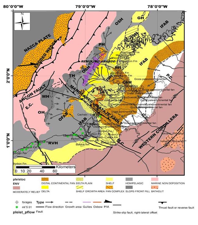 Sedimentary facies and tectonic setting map of the NESC margin of the MU6 to 7 - TU8 sequence (5 - 0,1 Ma). Note the distribution of shallow environments at west of the ISH (GH=Gorgona high; RH= Remolino high) and intraslope sedimentation retained by the OSH (OH= Ostiones high; MH= Manglares high ; TH= Tumaco high ; PH= Patia high) in the OFAB, product of huge volume of sediments carried in to the margin by the Mira canyon (M.C.), Guiza canyon (G.C.) and Patia canyon (P. C.). Chagüi High (ChH) affected the distribution of sediments in the IFAB at this time). mf: outocrop with biostratigraphic data.